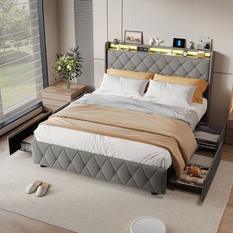 Bett 140x190 cm mit 4 Schubladen, LED & USB, Stauraum-Kopfteil, 2-Personen Bett mit Lattenrost, gepolstertes gestepptes Bett, Samt Grau (1/5)