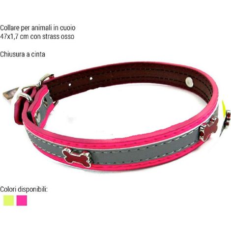 TrAdE Shop Traesio - Collare Per Cani Cuccioli Gatti Animali In Cuoio 47 Cm Vari Colori Strass Osso -