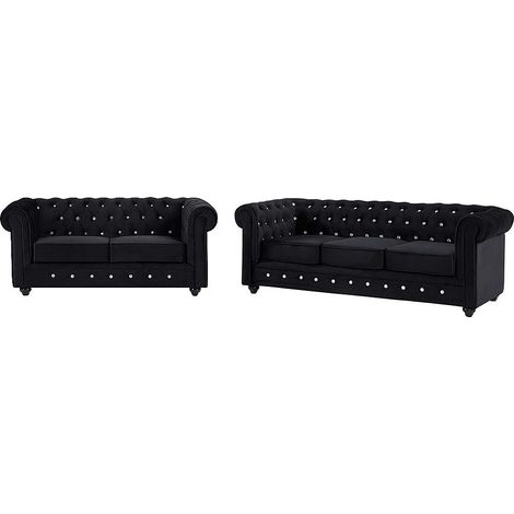 Canapés 3 places et 2 places en velours noir et boutons effet cristal CHESTERFIELD (1/5)
