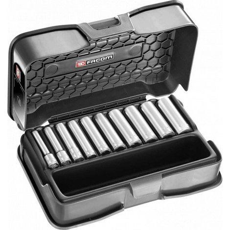 Facom – Coffret de 10 douilles 1/4 longues – Douilles en acier au chrome vanadium – Pour cliquet 1/4 – Compatible avec outils professionnels