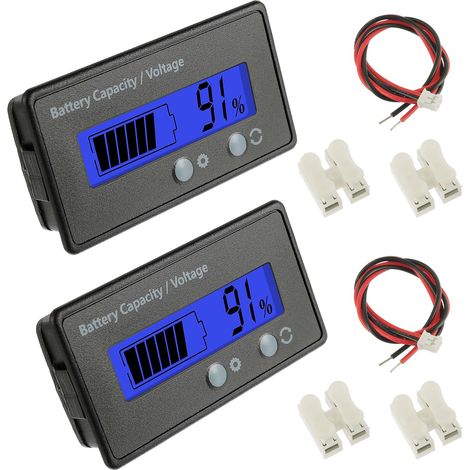 Lot de 2 Battery Capacity Monitor Meter, Compteur de Batterie DC 12V 24V 36V 48V 72V avec Alarme ndicateur de Batterie d'acide Plomb Testeur Batterie au Plomb Acide (Lumière Bleu) (1/5)