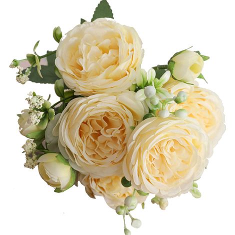 Bouquet de 3 tiges de roses de Perse artificielles, 5 fleurs par tige, roses jaunes pour décoration maison, salon, mariage, composition florale à la main (1/5)