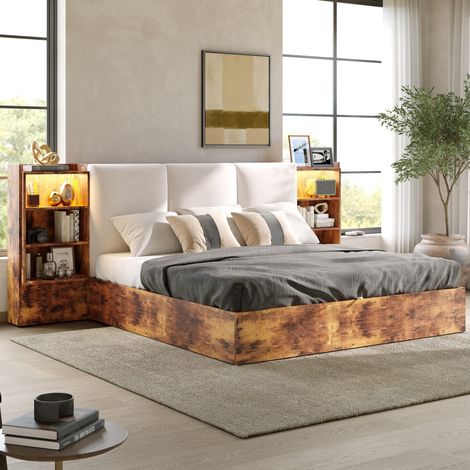 Cama plataforma 180 x 200 cm con cabecero tapizado, almacenaje hidráulico, LED, marrón (1/5)