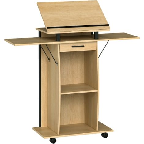 Konferenzrednerpult mit ausziehbaren Seitenwänden, Rednerpult mit Regalen und Schublade, Eichenholz-Design, Laptoptisch