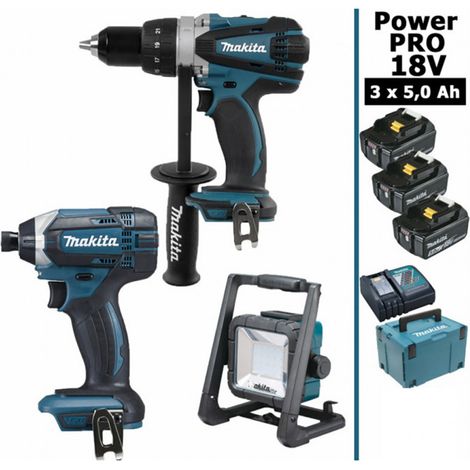 Pack makita Power PRO 18V: Perceuse 91Nm DDF458 + Visseuse DTD152 + Lampe de chantier LED 805lm + 3 batt 5Ah + coffret (1/4)