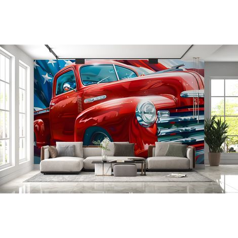 Papier peint voitures - pick-up rouge vintage sur fond de drapeau américain - 150 x 250 cm (1/2)