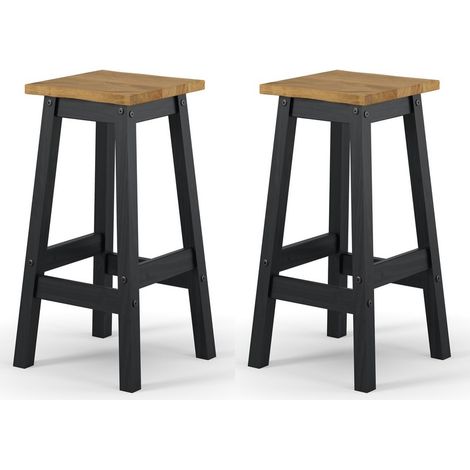 Corona Live Edge High Breakfast Stools (Set of 2) - Pine - L33.5 x W33.5 x H72 cm - Black/Antique Waxed Pine - Flat Packed