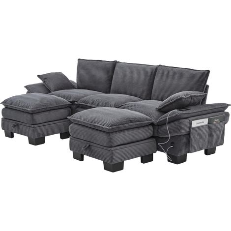 Canapé modulaire 3 places en velours côtelé (avec 2 poufs) – large assise, design ergonomique, rembourrage en mousse haute densité, port USB-C et poches latérales. Idéal pour le salon, le bureau ou le (1/5)
