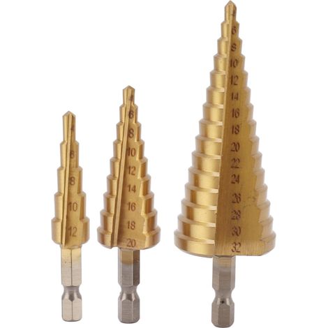 Tornillo de banco triangular de acero tipo pagoda con rodamientos de bolas, incluye 3 brocas escalonadas (4–32 mm, 4–20 mm, 4–12 mm) para madera y metal. (1/5)