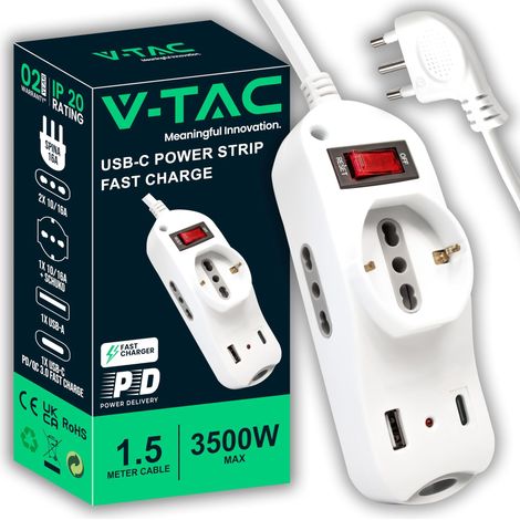 V-TAC Multipresa Elettrica USB C Power Delivery 20W + Porta + 2 Prese Laterali 10/16A Bipasso e 1 Frontale 10/16A Bipasso Schuko - Ciabatta Type-C - Presa per Casa, Ufficio (1/5)