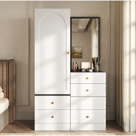 Coiffeuse armoire multifonction avec miroir, tabouret escamotable, MDF noir et blanc OKMYHOME (1/5)
