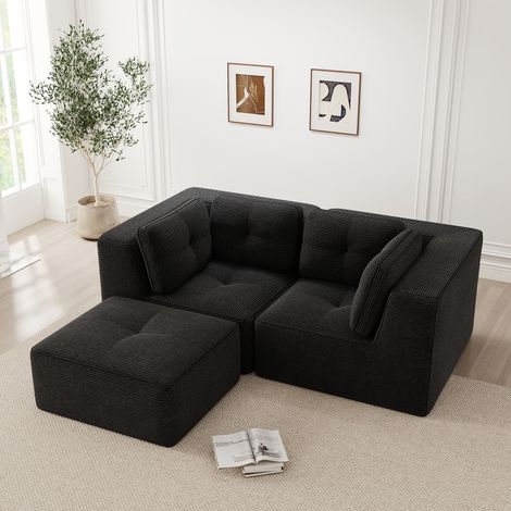 Divano angolare modulare 208x177x69 cm, senza montaggio, design flessibile, tessuto in corduroy, nero (1/5)