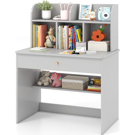 Bureau d'étude en bois pour enfants avec tiroir et étagère de rangement - gris (1/5)