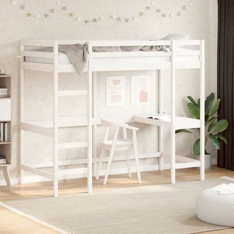 Vidaxl – Lit mezzanine blanc 90x190 cm en bois de pin massif – Bureau intégré spacieux – Garde-corps de sécurité enfants – Assemblage requis (1/7)