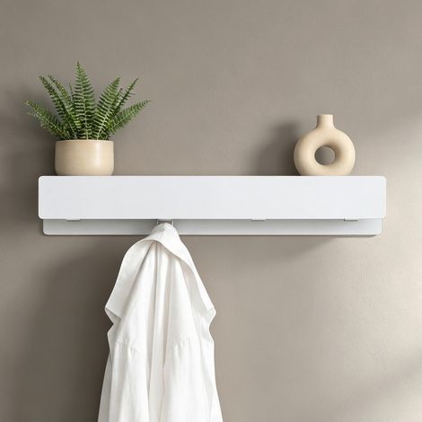 doporro Porte Manteau Mural, 4 Crochets Cachés, Patère Murale avec Étagère de Rangement, Porte-Manteau Porte Clé Blanc Sablé, pour Entrée Salle de Bain Cuisine, Stalo-11