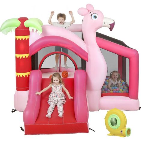 Château gonflable pour enfants avec toboggan, trampoline, piscine à balles et panier de basket, 255 x 230 x 196 cm, rose (1/5)
