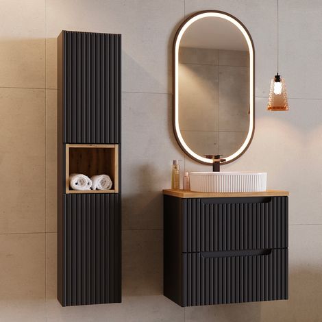 Ensemble meuble simple vasque 60cm 2 tiroirs et colonne Riva Noir et Bois (1/5)