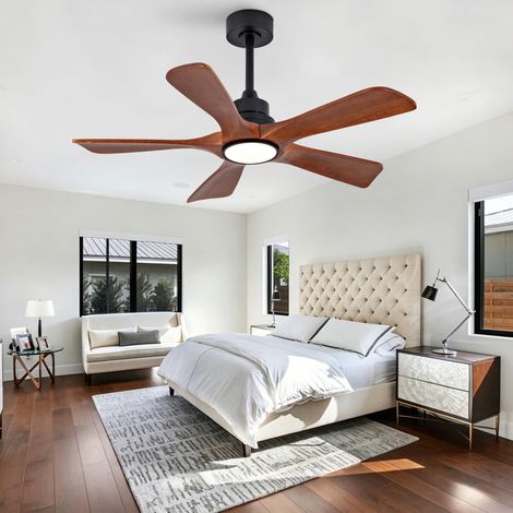 Ventilateur de plafond Hyundai 42 pouces, 5 pales, avec éclairage et télécommande, 6 vitesses avec fonction réversible, 3CCT, intensité variable, convient aux patios, salons et salles à manger. (1/4)