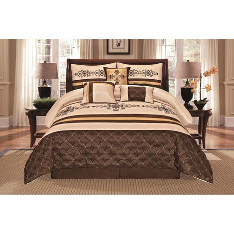 Parure de lit 7 pièces avec Housse de Couette brodée Beige, Marron, doré (Grand lit) (1/3)