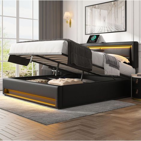 Polsterbett 140/200 cm schwarz aus PU mit LED, USB-Ladefunktion und Stauraum (1/5)