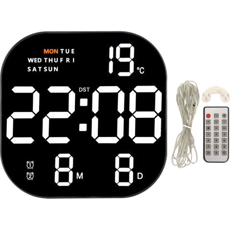 Horloge numérique grand écran LED USB 5V avec télécommande multifonction, affichage de la température et du mois, lumineuse, idéale pour le bureau ou le salon. Lumière blanche et orange. (1/5)