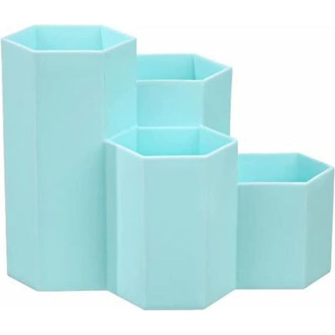 Porte-Stylo Hexagonal - Organisateur Bureau en Plastique PP - 4 Compartiments pour Stylos Crayons Pinceaux Maquillage - Bleu - 1 Pièce (1/5)