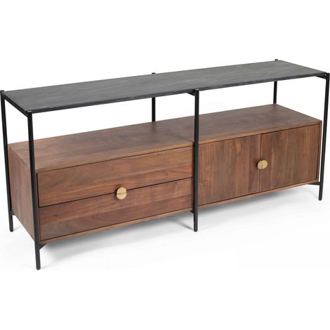 Meuble TV en marbre avec rangement en acacia massif 152 cm