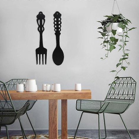 Lot de 2 panneaux décoratifs muraux rustiques en métal, forme de fourchette et cuillère, style rustique. (1/4)