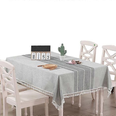 Nappe rectangulaire 2024 en coton et lin infroissable, avec pompons, lavable en machine (1/5)