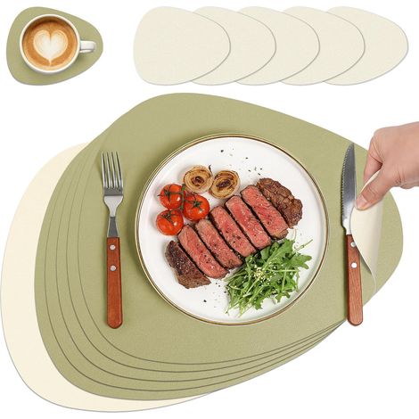 Lot de 6 sets de table en cuir synthétique lavables ovales double face antidérapants (vert gazon + beige) (1/5)