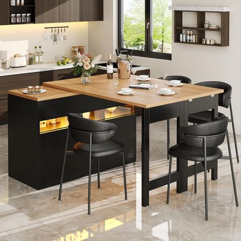 Îlot de cuisine extensible,Desserte cuisine avec roulettes,Table de bar extensible avec éclairage LED et fonction pivotante à 360°, longueur réglable (120–180 cm)avec espace de rangement (1/5)