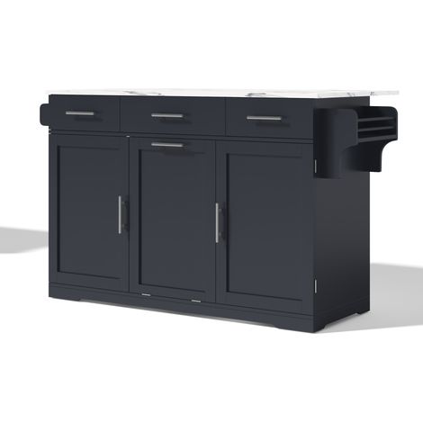 Isla de cocina móvil con tablero abatible, 3 cajones, 2 estantes y mueble para basura, MDF gris (1/5)