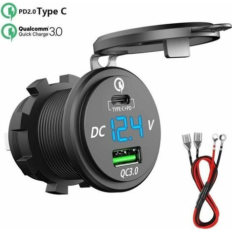 Chargeur rapide USB C voiture 12V/24V QC 3.0 64W double prise étanche – LED voltmètre – Compatible smartphones et tablettes USB-C (1/5)