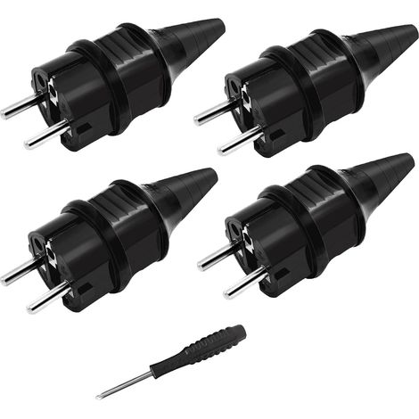 Fiches de Rechange Prises [4 Pack] Électriques Male Schuko Standard, 4 X Fiches Electrique de Contact de Mise à la Terre en Caoutchouc (250V/16A)+1 X Tournevis, IP44 Étanche Prises D'alimentation,Noir (1/5)