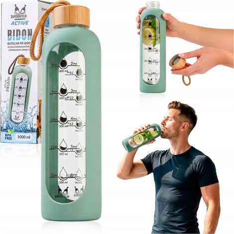 Glaswasserflasche 1000 ml mit Silikonhülle (grün)