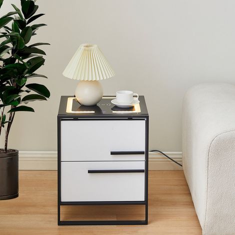 Bedside Table, 2 Drawers Cabinet, Smart Nightstand with Wireless Charging