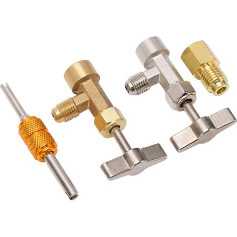 Kit robinets auto-obturants perçage unique R134A avec adaptateur canalisation clim et outil débourrage, laiton acier, 2 robinets 1 connecteur 1 outil (1/5)