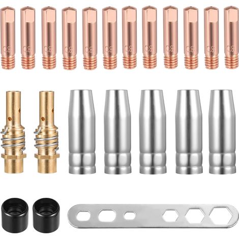 22 Stück Schutzgasschweißgerät Zubehör, Verschleißteile Set für MIG MAG Schweißbrenner MB15AK, mit 12 x Stromdüse M6 0,8mm,5 x Schweißdüsen,2 x Düsenstock,2 x Isolator,1 Schraubenschlüssel (1/5)