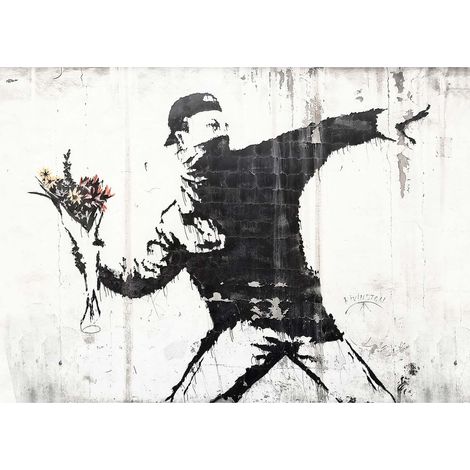 Tableau connu lanceur de fleurs | Tableau street art noir & blanc pour salon | Tableau sur toile moderne pour chambre ado - 0,7 x 0,5 m (1/2)
