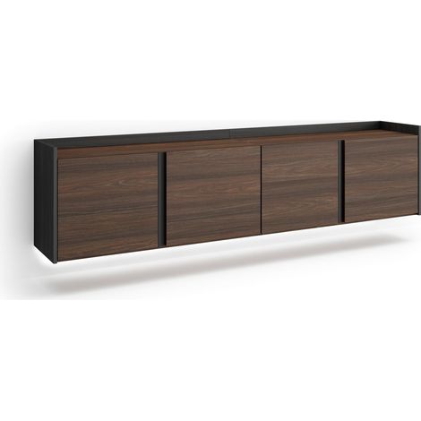 Skraut Home - Mobile TV Soggiorno, Ampio spazio a disposizione, 207x35x50cm, Per TV fino a 80", Sospeso, da appendere, LED, Stile moderno, Rovere scuro e Nero