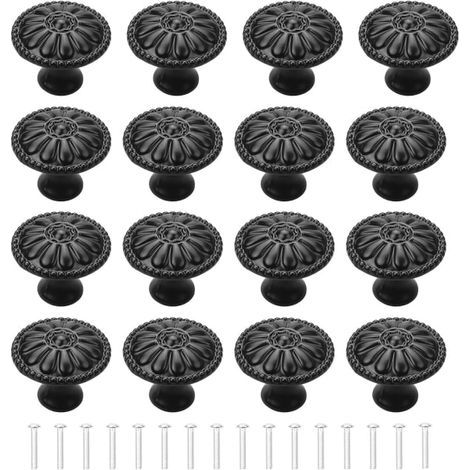 KLVGTIFS PU - Lot de 16 poignées de porte noires vintage pour meubles de cuisine et tiroirs. (1/5)
