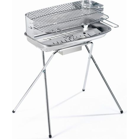 Barbacoa de carbón en acero inoxidable con parrilla cromada regulable en 4 posiciones Made in Italy