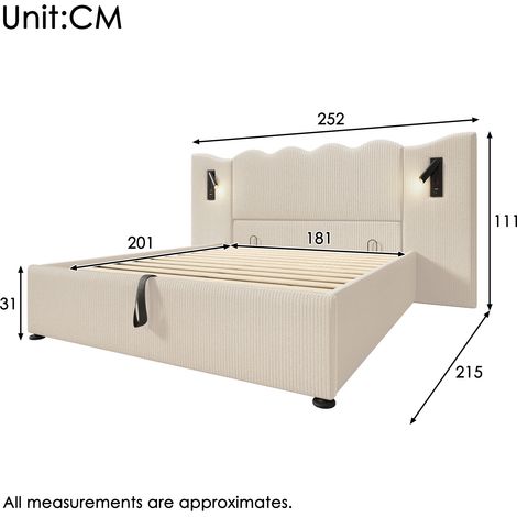 Lit double 180x200 cm en velours beige et blanc, sommier à lattes bois massif et métal, tête de lit intégrée avec lampes de lecture et port USB-C, sans matelas
