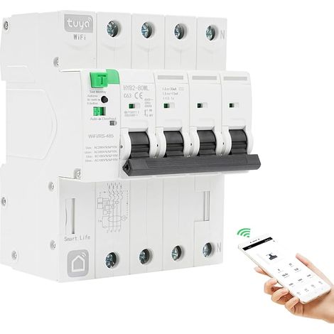 Disjoncteur différentiel 63A 30ma Interrupteur différentiel WiFi Automatique tuya APP Reclosing Disjoncteurs électriques 380V 4P Protection contre les fuites réenclenchable sous tension. (1/5)