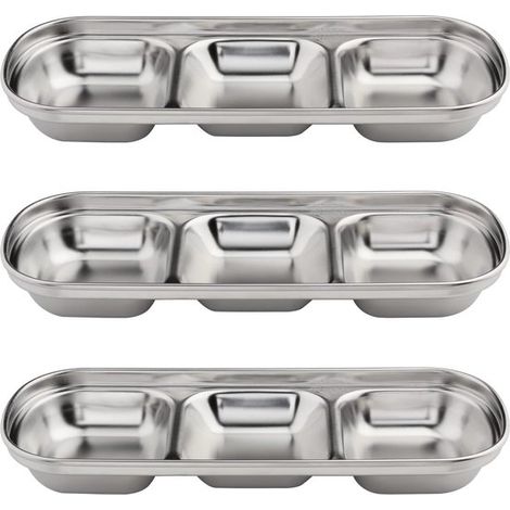 Set aus 3 Edelstahl Sojasaucen Dipschalen, 3 Saucenschalen mit Fächern, Beilagenschalen für Sojasauce, Ketchup, Gewürze, Sushi (3 Fächer) (1/5)