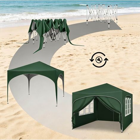 Toldo plegable de jardín 3 x 3 m, altura ajustable, 4 paredes desmontables, verde DESVIAE (1/5)