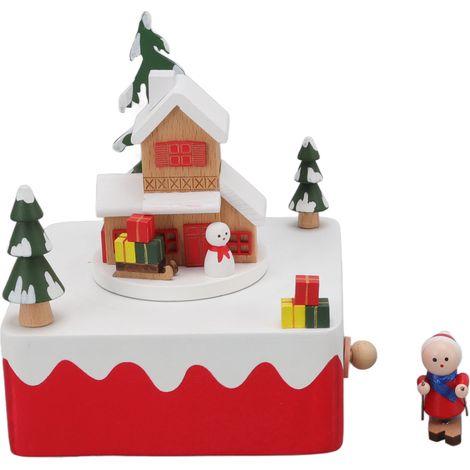 Boîte à musique rotative en bois faite à la main, jouet, décoration, artisanat, cadeau de Noël, bonhommes de neige sur traîneaux rouges et blancs