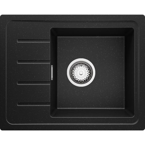 PRIMAGRAN Evier Cuisine en Granit 55x44cm, Lavabo 1 bac + Kit de Vidage, Évier à Encastrer au meuble 45cm - Copenhague Easy, Noir Métallisé