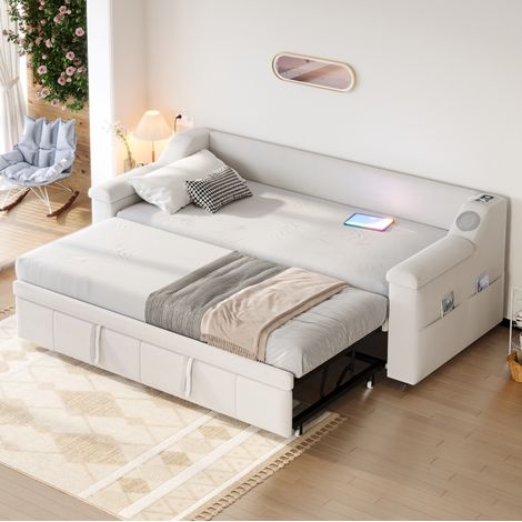 Canapé-lit 216/97/69 cm beige en velours avec stéréo sans fil et rangements (1/5)