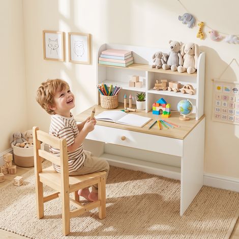 Bureau Enfant en Bois, Bureau avec Rangement, Plateau Large, Tiroir et Étagères Ouvertes, 80 x 50 x 100 cm, Blanc